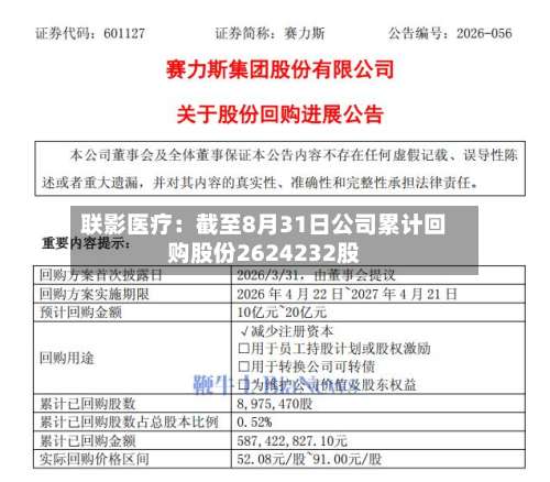 联影医疗：截至8月31日公司累计回购股份2624232股
